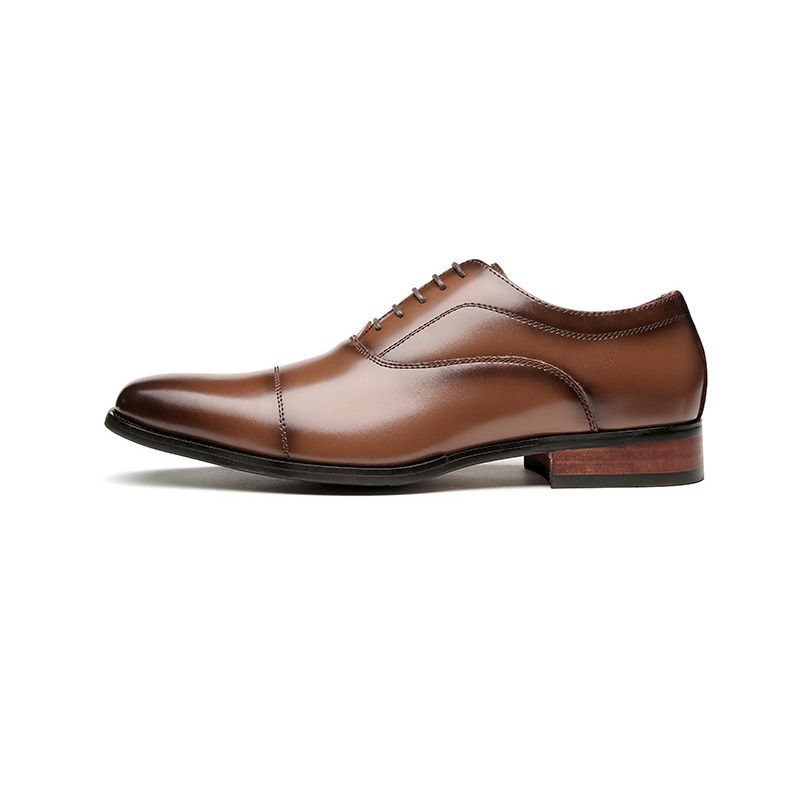 Ανδρικά Επίσημα Παπούτσια Oxford Cap Toe Δερμάτινο Ξύλινο Τακούνι - καστανός