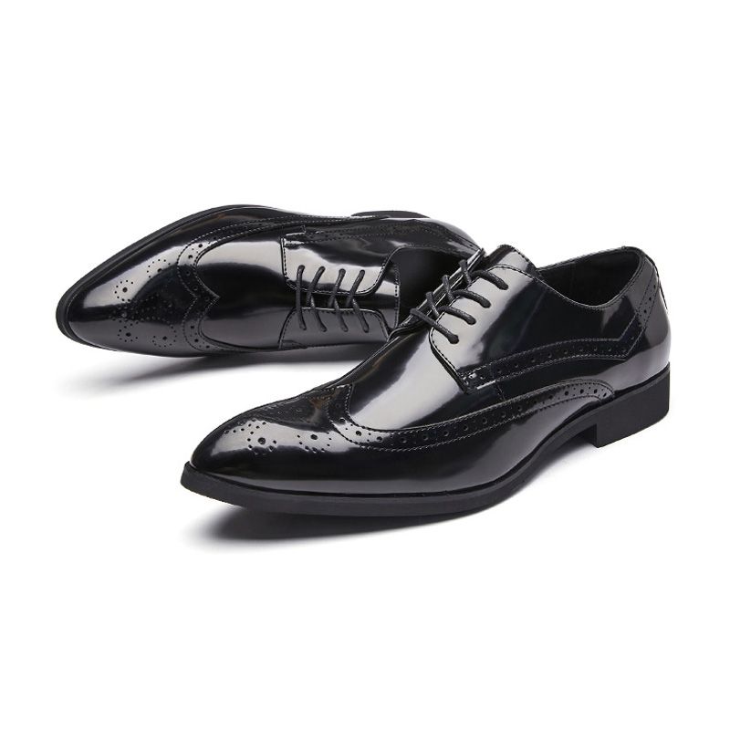 Ανδρικά Παπούτσια Derby Brogue Lace Up Δέρμα Αγελάδας Με Μυτερή Μαλακή Σόλα - μαύρος